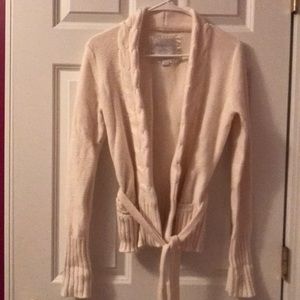 Cream colored cable sweater cardigan with belt